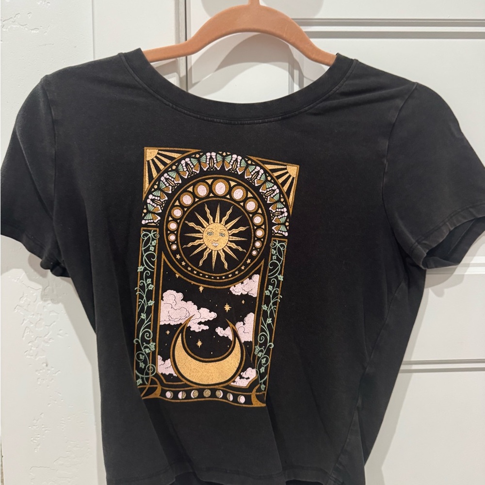 Hollister Black Tee with Gold and Pink Celestial Design